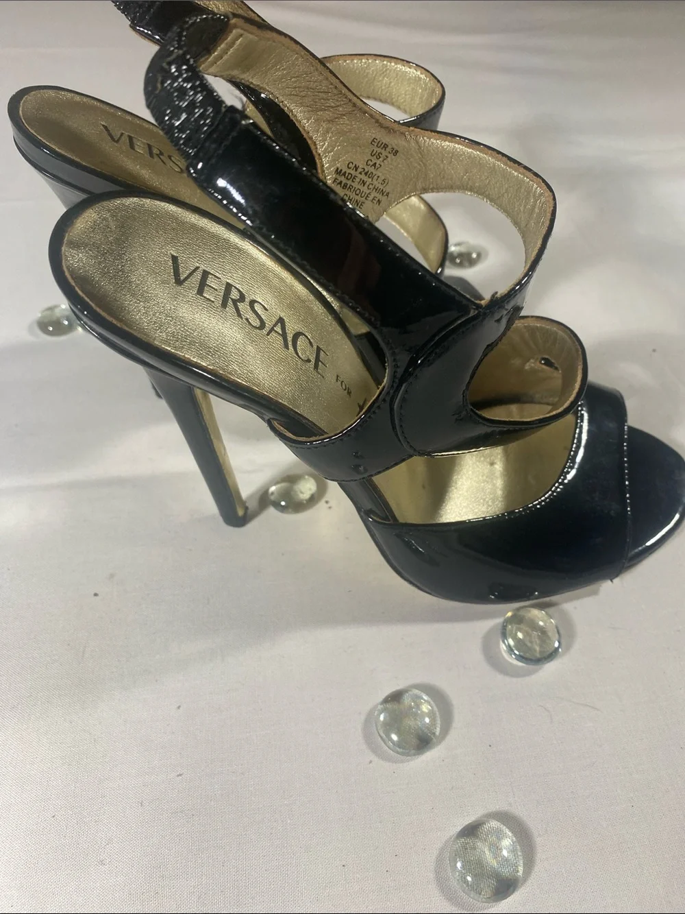 Versace for H&M Black Patent Leather Open-Toe Stiletto Heels with Gold Insole